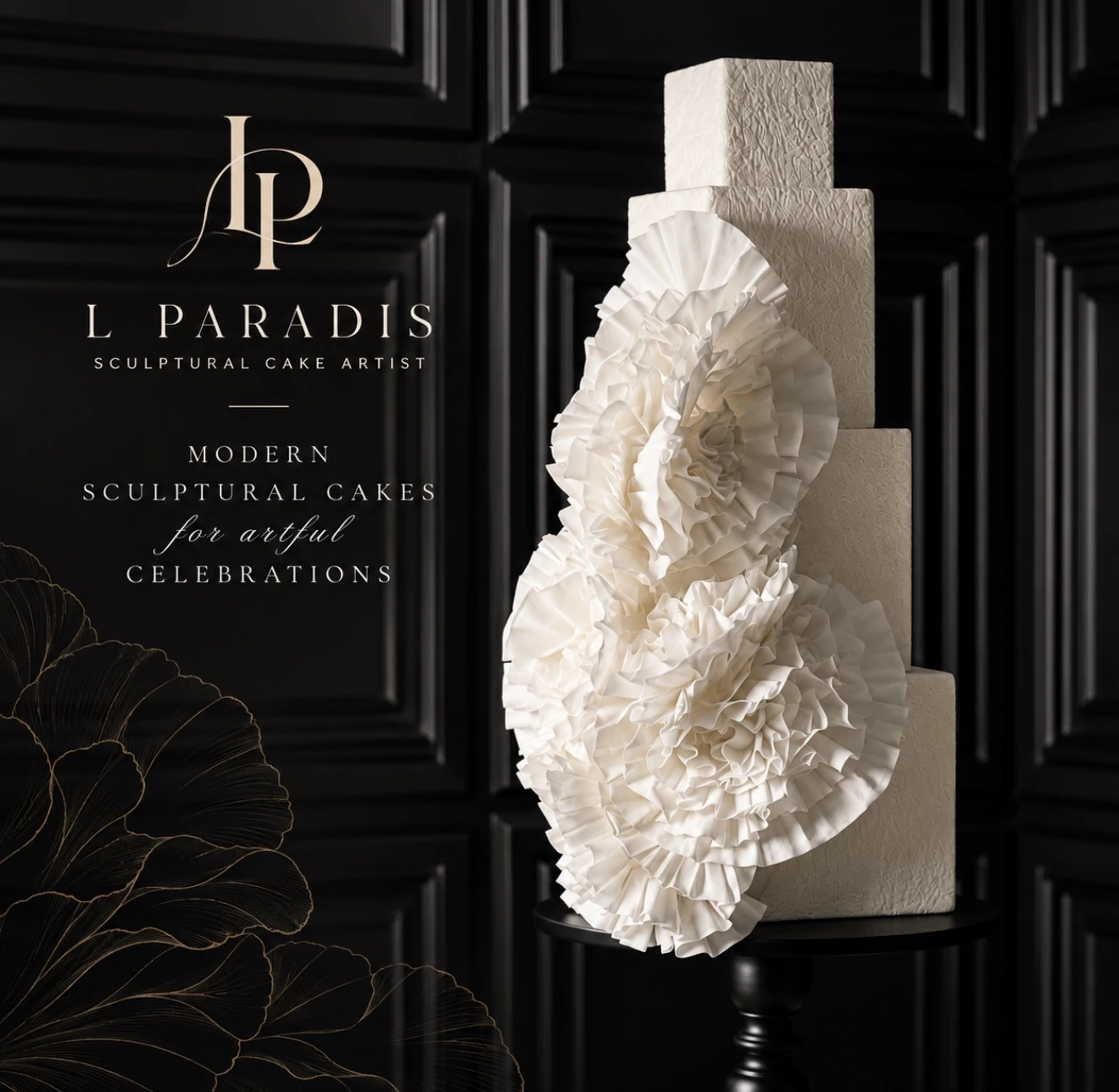L Paradis sculptural ivory cake with dimensional ruffles and brand lettering